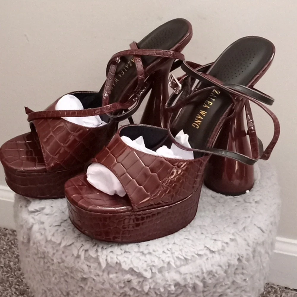 Brown Croc-Embossed Platform Sandals